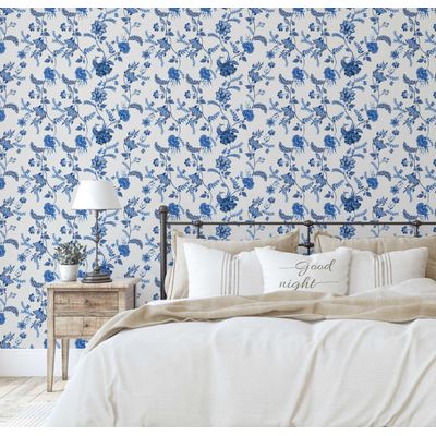 Papel de Parede Trepadeira Floral Estilo Asiático Autoadesivo, Revestimento Decorativo DIY Fácil para Quarto e Sala - Azul - S4Sassy 63,5 cm (L) × 609,6 cm (C) / Azul - Vinil Texturizado