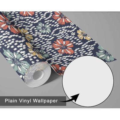 Papel de Parede Vinílico Autoadesivo Estampa Floral Ikat, Estilo Asiático, Fácil Aplicação para Quarto e Sala - Azul - S4Sassy 63,5 cm (L) × 914,4 cm (C) / Azul - Vinil Liso