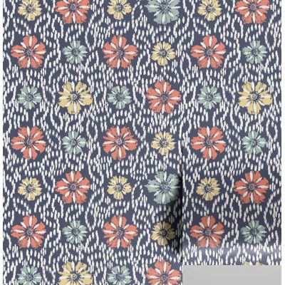 Papel de Parede Vinílico Autoadesivo Estampa Floral Ikat, Estilo Asiático, Fácil Aplicação para Quarto e Sala - Azul - S4Sassy 63,5 cm (L) × 914,4 cm (C) / Azul - Vinil Liso