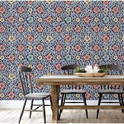 Papel de Parede Vinílico Autoadesivo Estampa Floral Ikat, Estilo Asiático, Fácil Aplicação para Quarto e Sala - Azul - S4Sassy 63,5 cm (L) × 914,4 cm (C) / Azul - Vinil Liso