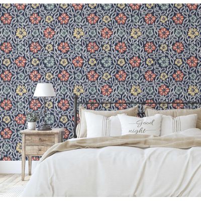 Papel de Parede Vinílico Autoadesivo Estampa Floral Ikat, Estilo Asiático, Fácil Aplicação para Quarto e Sala - Azul - S4Sassy 63,5 cm (L) × 914,4 cm (C) / Azul - Vinil Liso