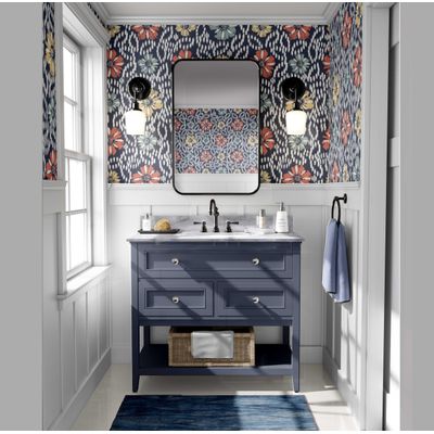Papel de Parede Vinílico Autoadesivo Estampa Floral Ikat, Estilo Asiático, Fácil Aplicação para Quarto e Sala - Azul - S4Sassy 63,5 cm (L) × 914,4 cm (C) / Azul - Vinil Liso