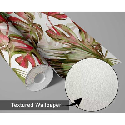 Papel Vinílico Autoadesivo Folha de Monstera Vermelha, Adesivo Decorativo para Parede, Cobertura DIY Fácil para Quarto e Sala - S4Sassy 63,5 cm (L) × 914,4 cm (C) / Vermelho - Vinil Texturizado