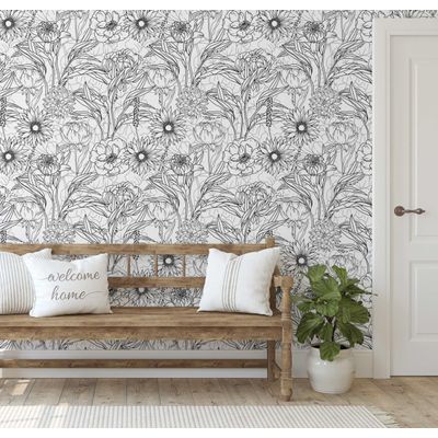 Papel de Parede Vinílico Autoadesivo, Estampa Floral Grande em Contorno, Impermeável, Preto - para Quartos, Ambientes e Armários - S4Sassy 63,5 cm (L) × 914,4 cm (C) / Preto - Vinil Liso