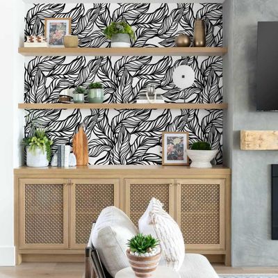 Vinil Autoadesivo Estampa Tropical de Folhas Desenhadas à Mão, à Prova d'água, Preto, Removível para Quartos e Salas - S4Sassy 63,5 cm (L) × 152,4 cm (C) / Preto - Vinil Liso