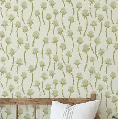 Revestimento de Parede Autoadesivo Vinil Removível, Estampa Floral de Cardo Mural Verde para Quarto, Banheiro, Lavanderia, Closet - S4Sassy 63,5 cm (L) × 609,6 cm (C) / Verde - Vinil Liso