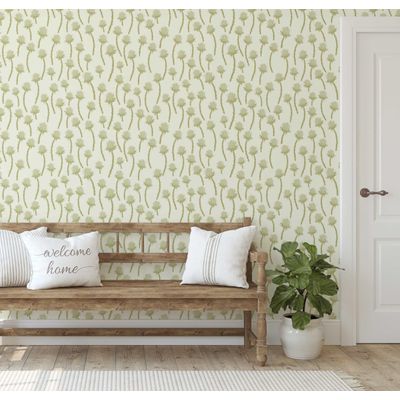 Revestimento de Parede Autoadesivo Vinil Removível, Estampa Floral de Cardo Mural Verde para Quarto, Banheiro, Lavanderia, Closet - S4Sassy 63,5 cm (L) × 609,6 cm (C) / Verde - Vinil Liso