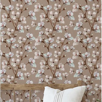 Papel de Parede Vinílico Autoadesivo Estampa Blossom Bloom, Mural Estilo Asiático para Banheiro, Lavanderia e Closet - S4Sassy 63,5 cm (L) × 304,8 cm (C) / Marrom - Vinil Liso