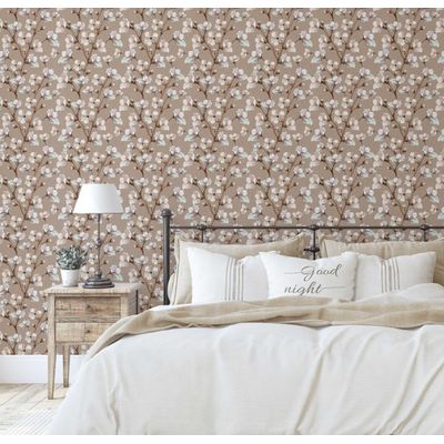 Papel de Parede Vinílico Autoadesivo Estampa Blossom Bloom, Mural Estilo Asiático para Banheiro, Lavanderia e Closet - S4Sassy 63,5 cm (L) × 304,8 cm (C) / Marrom - Vinil Liso