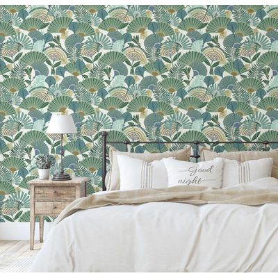 Papel de Parede Autoadesivo Palmeira-Leque Tropical Removível Verde Instantâneo para Quarto, Banheiro, Lavanderia, Closet - S4Sassy 63,5 cm (L) × 152,4 cm (C) / Verde - Vinil Texturizado