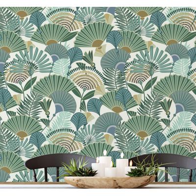 Papel de Parede Autoadesivo Palmeira-Leque Tropical Removível Verde Instantâneo para Quarto, Banheiro, Lavanderia, Closet - S4Sassy 63,5 cm (L) × 152,4 cm (C) / Verde - Vinil Texturizado