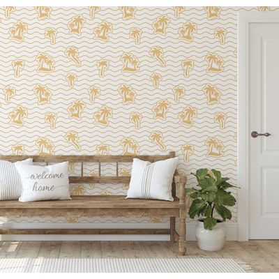 Adesivo de Parede Removível Estampa de Ilha com Palmeiras Rosa, Mural para Banheiro, Lavanderia e Closet, Vinil - S4Sassy 63,5 cm (L) × 914,4 cm (C) / Rosa - Vinil Liso