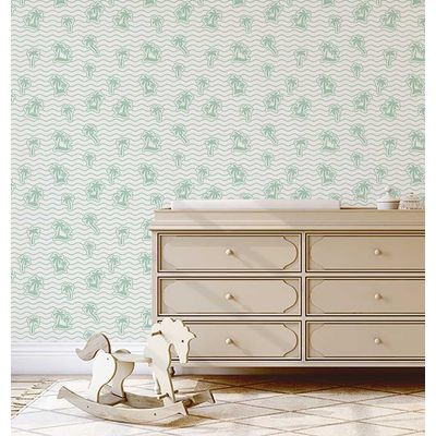 Revestimento Vinílico Autoadesivo Removível com Estampa Ilha de Coqueiros Verde - Mural Rápido para Banheiro, Lavanderia e Closet - S4Sassy 63,5 cm (L) × 914,4 cm (C) / Verde - Vinil Liso
