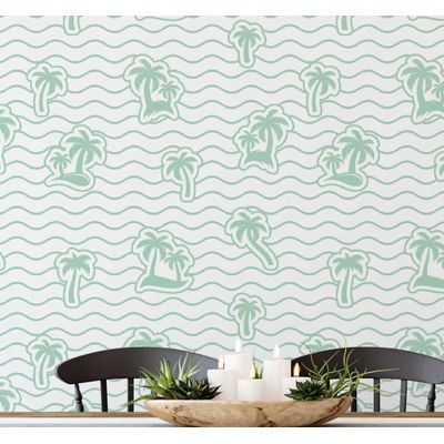 Revestimento Vinílico Autoadesivo Removível com Estampa Ilha de Coqueiros Verde - Mural Rápido para Banheiro, Lavanderia e Closet - S4Sassy 63,5 cm (L) × 914,4 cm (C) / Verde - Vinil Liso