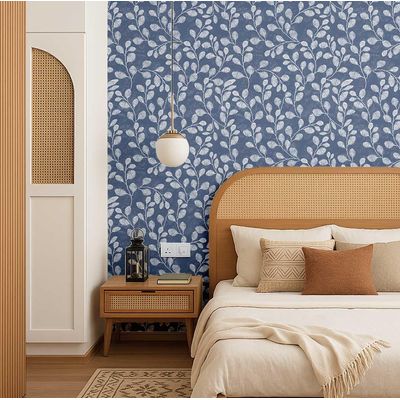Papel de Parede Autoadesivo Decorativo Folhagem em Penas Vinil Impermeável Azul Removível para Inquilinos Quarto e Sala de Jantar - S4Sassy 63,5 cm (L) × 304,8 cm (C) / Azul - Vinil Liso