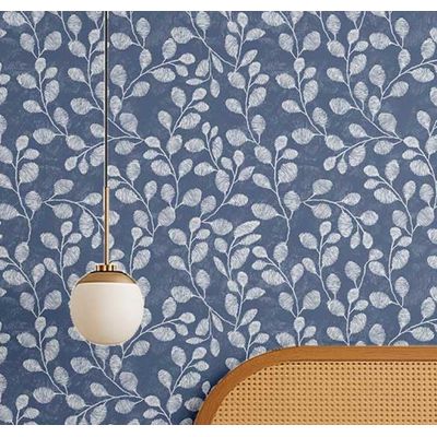 Papel de Parede Autoadesivo Decorativo Folhagem em Penas Vinil Impermeável Azul Removível para Inquilinos Quarto e Sala de Jantar - S4Sassy 63,5 cm (L) × 304,8 cm (C) / Azul - Vinil Liso