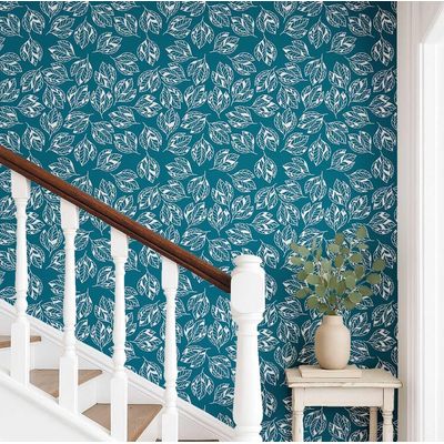Papel de Parede Autoadesivo Folhas Abstratas Vinil Impermeável Azul Removível Ideal para Inquilinos Quarto/Sala de Jantar - S4Sassy 63,5 cm (L) × 152,4 cm (C) / Azul - Vinil Liso