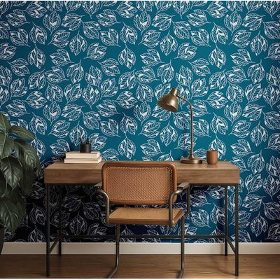 Papel de Parede Autoadesivo Folhas Abstratas Vinil Impermeável Azul Removível Ideal para Inquilinos Quarto/Sala de Jantar - S4Sassy 63,5 cm (L) × 152,4 cm (C) / Azul - Vinil Liso