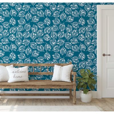 Papel de Parede Autoadesivo Folhas Abstratas Vinil Impermeável Azul Removível Ideal para Inquilinos Quarto/Sala de Jantar - S4Sassy 63,5 cm (L) × 152,4 cm (C) / Azul - Vinil Liso