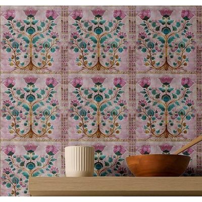 Papel de Parede Vinílico Impermeável Autoadesivo Estilo Azulejo Art Déco Árvore da Vida Rosa para Cozinha - S4sassy 63,5 cm (L) × 304,8 cm (C) / Rosa - Vinil Liso