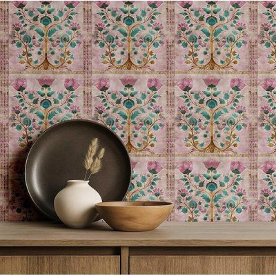 Papel de Parede Vinílico Impermeável Autoadesivo Estilo Azulejo Art Déco Árvore da Vida Rosa para Cozinha - S4sassy 63,5 cm (L) × 304,8 cm (C) / Rosa - Vinil Liso