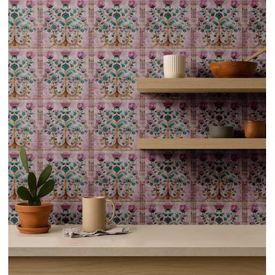 Papel de Parede Vinílico Impermeável Autoadesivo Estilo Azulejo Art Déco Árvore da Vida Rosa para Cozinha - S4sassy 63,5 cm (L) × 304,8 cm (C) / Rosa - Vinil Liso