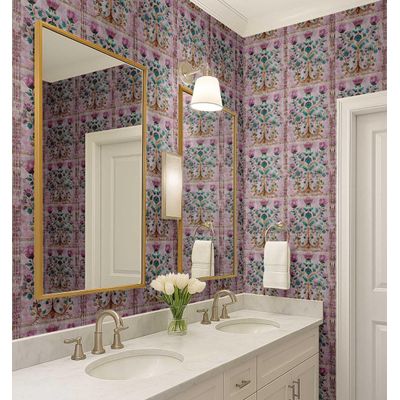 Papel de Parede Vinílico Impermeável Autoadesivo Estilo Azulejo Art Déco Árvore da Vida Rosa para Cozinha - S4sassy 63,5 cm (L) × 304,8 cm (C) / Rosa - Vinil Liso