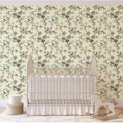 Papel de Parede Autoadesivo Mural Estampa Pássaro Verde e Galho para Parede de Entrada e Decoração de Escritório, Solution - S4sassy 63,5 cm (L) × 609,6 cm (C) / Verde - Vinil Liso