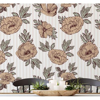 Papel de Parede Autoadesivo Decorativo Listrado Peônia Vinílico Impermeável Bege Removível para Locatários Quarto e Sala de Jantar - S4Sassy 63,5 cm (L) × 152,4 cm (C) / Bege - Vinil Liso