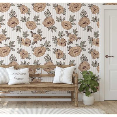 Papel de Parede Autoadesivo Decorativo Listrado Peônia Vinílico Impermeável Bege Removível para Locatários Quarto e Sala de Jantar - S4Sassy 63,5 cm (L) × 152,4 cm (C) / Bege - Vinil Liso