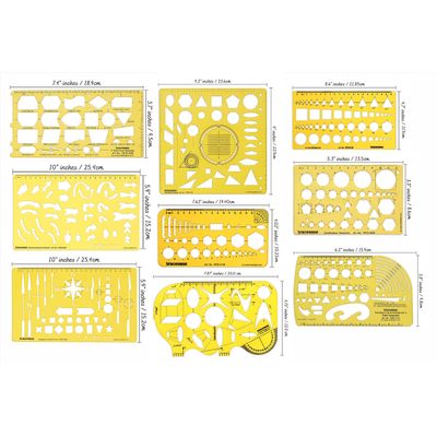 Traceease Kit com 9 Peças, Estênceis Multi-Formas para Desenho de Geometria e Setas, Ferramentas para Elaboração de Gráficos - IBA Crafts Amarelo