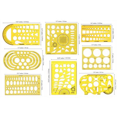 Gabarito de Geometria Multi-Padrão Traceease com Réguas Geométricas, Kit de Desenho para Escritório/Escola, 8 Peças - IBA Crafts Amarelo