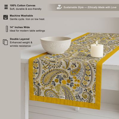 Caminho de Mesa 100% Algodão Dupla Camada com Bordas Laterais - Estampa Paisley para Jantar, Aparador e Centro - Vargottam 35,56 Cm (L) × 274,32 Cm (C) / Amarelo