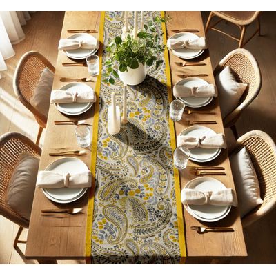 Caminho de Mesa 100% Algodão Dupla Camada com Bordas Laterais - Estampa Paisley para Jantar, Aparador e Centro - Vargottam 35,56 Cm (L) × 274,32 Cm (C) / Amarelo