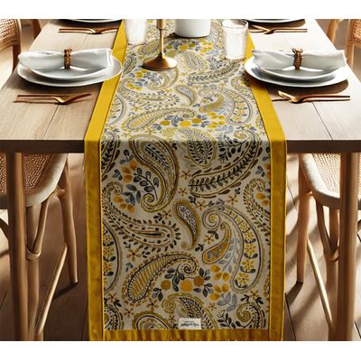 Caminho de Mesa 100% Algodão Dupla Camada com Bordas Laterais - Estampa Paisley para Jantar, Aparador e Centro - Vargottam 35,56 Cm (L) × 274,32 Cm (C) / Amarelo