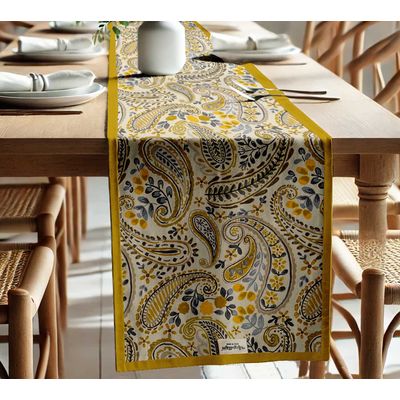 Caminho de Mesa 100% Algodão Dupla Camada com Bordas Laterais - Estampa Paisley para Jantar, Aparador e Centro - Vargottam 35,56 Cm (L) × 274,32 Cm (C) / Amarelo