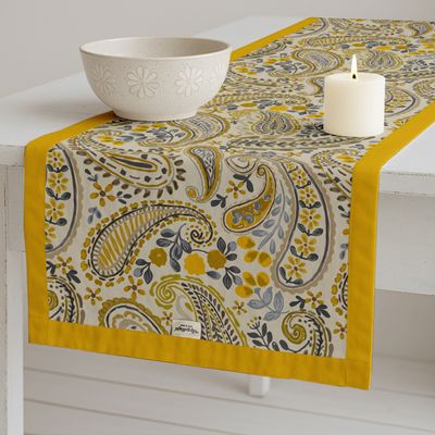 Caminho de Mesa 100% Algodão Dupla Camada com Bordas Laterais - Estampa Paisley para Jantar, Aparador e Centro - Vargottam 35,56 Cm (L) × 274,32 Cm (C) / Amarelo