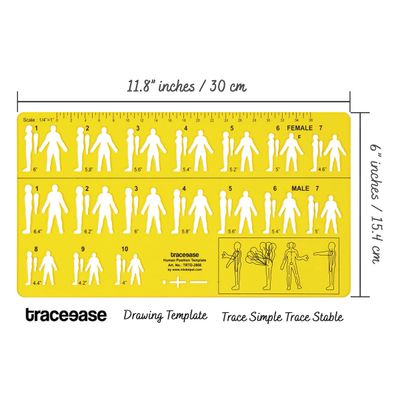Molde de Proporção Humana Traceease - Estênceis de Figuras M e F com Marcas de Altura e Guia de Medidas para Aula Esboço e Moda - Inkdotpot Amarelo