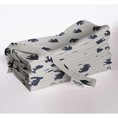 Guardanapos de Musselina de Algodão Pássaro Clássico, Jogo c/12, 51 x 51 cm, Estampa Azul/Branco, Lavável à Máquina - Vargottam 50,8 Cm × 50,8 Cm – Pacote Com 12 Peças / Branco