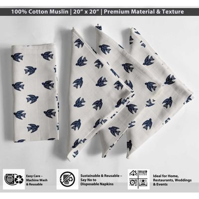 Guardanapos de Musselina de Algodão Pássaro Clássico, Jogo c/12, 51 x 51 cm, Estampa Azul/Branco, Lavável à Máquina - Vargottam 50,8 Cm × 50,8 Cm – Pacote Com 12 Peças / Branco