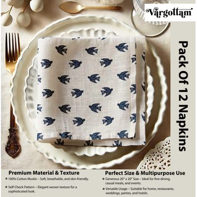 Guardanapos de Musselina de Algodão Pássaro Clássico, Jogo c/12, 51 x 51 cm, Estampa Azul/Branco, Lavável à Máquina - Vargottam 50,8 Cm × 50,8 Cm – Pacote Com 12 Peças / Branco