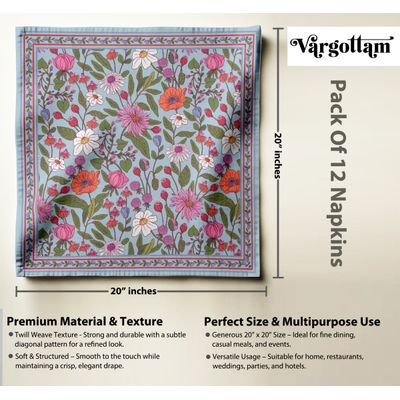 Guardanapos Designer em Sarja de Algodão, Conjunto de 12, 51 cm, Estampa Floral, Duráveis e Absorventes, Lavável à Máquina - Vargottam 50,8 Cm × 50,8 Cm – Pacote Com 12 Peças / Azul