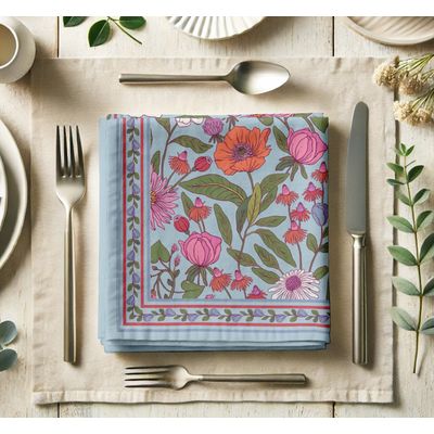 Guardanapos Designer em Sarja de Algodão, Conjunto de 12, 51 cm, Estampa Floral, Duráveis e Absorventes, Lavável à Máquina - Vargottam 50,8 Cm × 50,8 Cm – Pacote Com 12 Peças / Azul