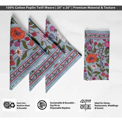 Guardanapos Designer em Sarja de Algodão, Conjunto de 12, 51 cm, Estampa Floral, Duráveis e Absorventes, Lavável à Máquina - Vargottam 50,8 Cm × 50,8 Cm – Pacote Com 12 Peças / Azul