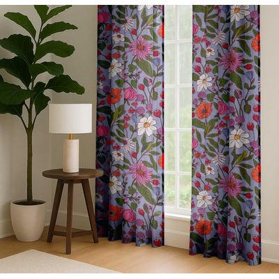 Cortinas Extra Longas de Algodão p/ Tetos Altos/Portas Francesas - Filtrantes, Manga p/ Varão/Alças, 2 Painéis - Estampa Floral - Vargottam 132,08 Cm (L) × 160,02 Cm (C) / Azul