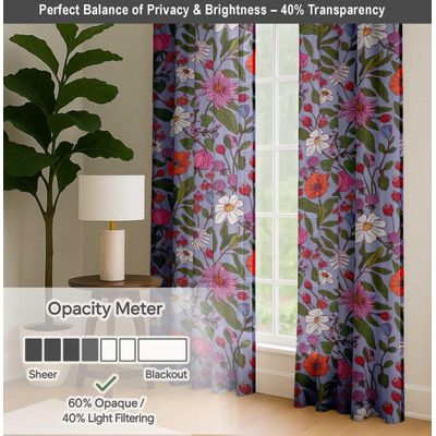 Cortinas Extra Longas de Algodão p/ Tetos Altos/Portas Francesas - Filtrantes, Manga p/ Varão/Alças, 2 Painéis - Estampa Floral - Vargottam 132,08 Cm (L) × 160,02 Cm (C) / Azul