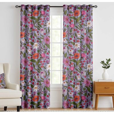 Cortinas Extra Longas de Algodão p/ Tetos Altos/Portas Francesas - Filtrantes, Manga p/ Varão/Alças, 2 Painéis - Estampa Floral - Vargottam 132,08 Cm (L) × 160,02 Cm (C) / Azul