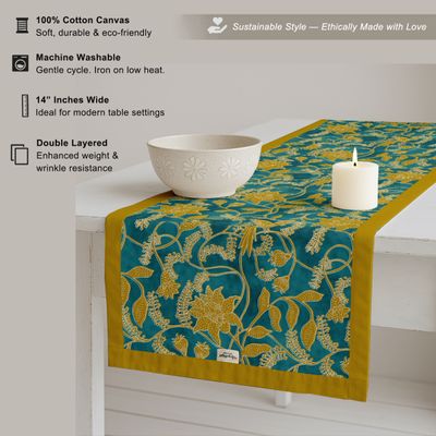 Caminho de Mesa de Algodão Duplo com Borda, Estampa Floral, Lavável à Máquina para Mesa de Jantar, Casas Rústicas e Modernas - Vargottam 35,56 Cm (L) × 182,88 Cm (C) / Amarelo