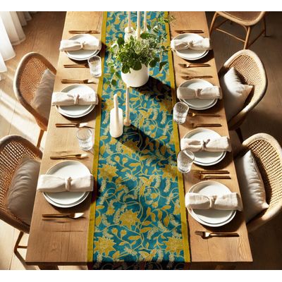 Caminho de Mesa de Algodão Duplo com Borda, Estampa Floral, Lavável à Máquina para Mesa de Jantar, Casas Rústicas e Modernas - Vargottam 35,56 Cm (L) × 182,88 Cm (C) / Amarelo