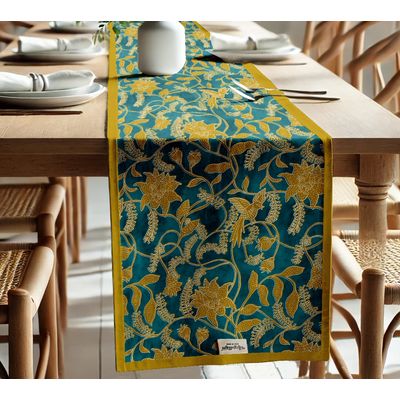 Caminho de Mesa de Algodão Duplo com Borda, Estampa Floral, Lavável à Máquina para Mesa de Jantar, Casas Rústicas e Modernas - Vargottam 35,56 Cm (L) × 182,88 Cm (C) / Amarelo